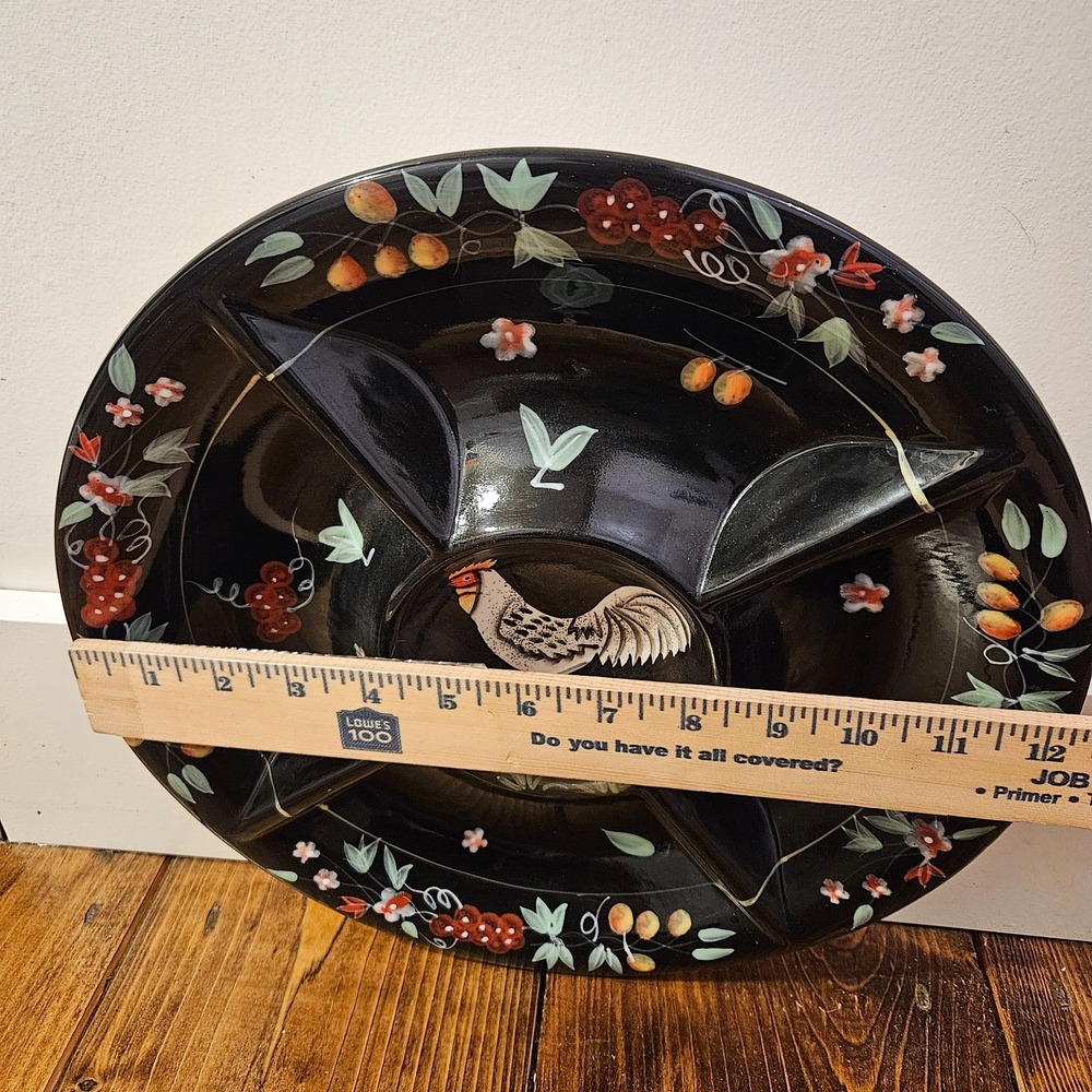 Vintage Rooster Divided Serving Platter Hand Painted Black Floral‎ Farmhouse 13" - Picture 3 of 5